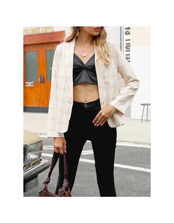 Women New Fashion Plaid Cardigan Coat Long Sleeve Loose Simple Blazers