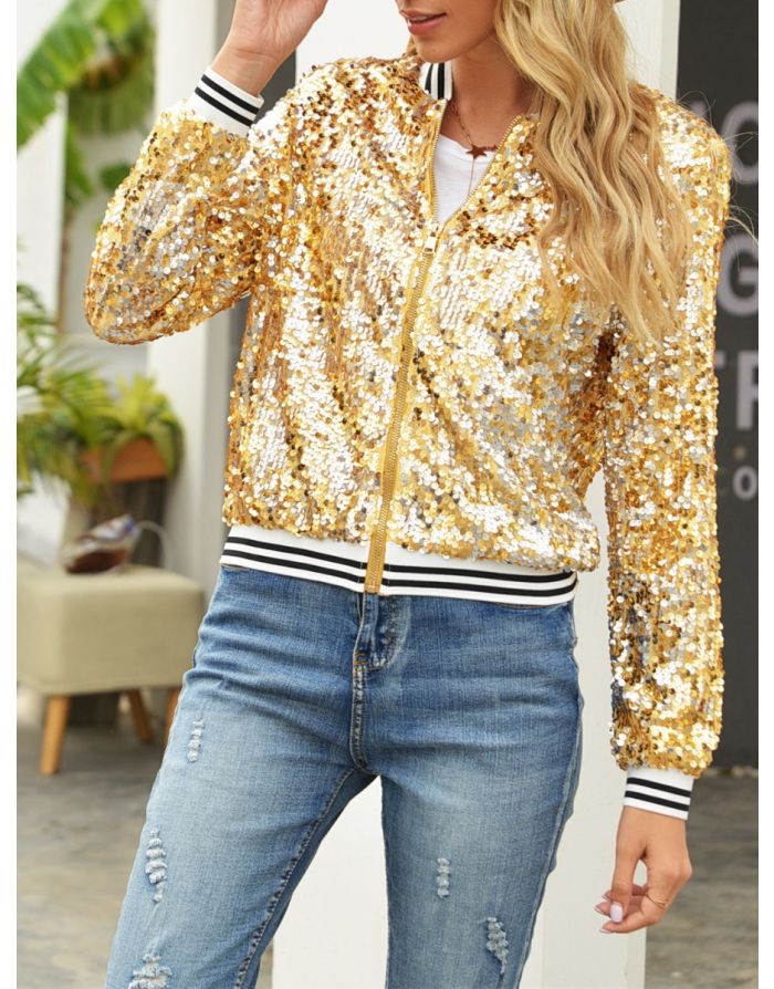 Fall Winter New Sequins Baseball Jacket Stitching Long Sleeve Zipper Women Coat