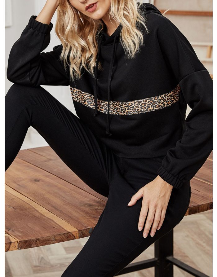 Women Fashion Fall New Leopard Print Stitching Hoodies Long Sleeve Short Black T-shirt Tops